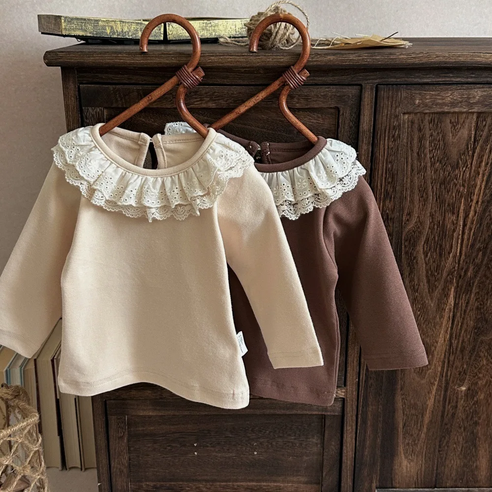 2026 Autumn Baby Girls Blouses Double Lace Collar Toddler Girls Cotton Bottoming Shirt Long Sleeve Versatile Tops 1-3Years