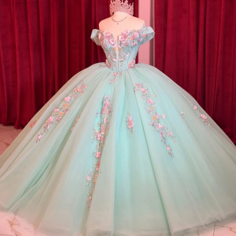 Light Green Glitter Quinceanera Dresses Off Shoulder Ball Gown Sweet 16 Dress Applique Flower Beading Tull Party Birthday Vetido