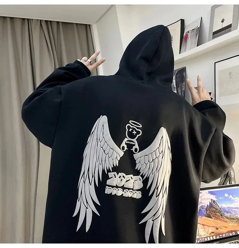 Autumn Winter Streetwear Y2K Men Hoodies Angel Wings Printed Oversized Casual Hooded Sweatshirts Male Fashion Unisex Pullovers