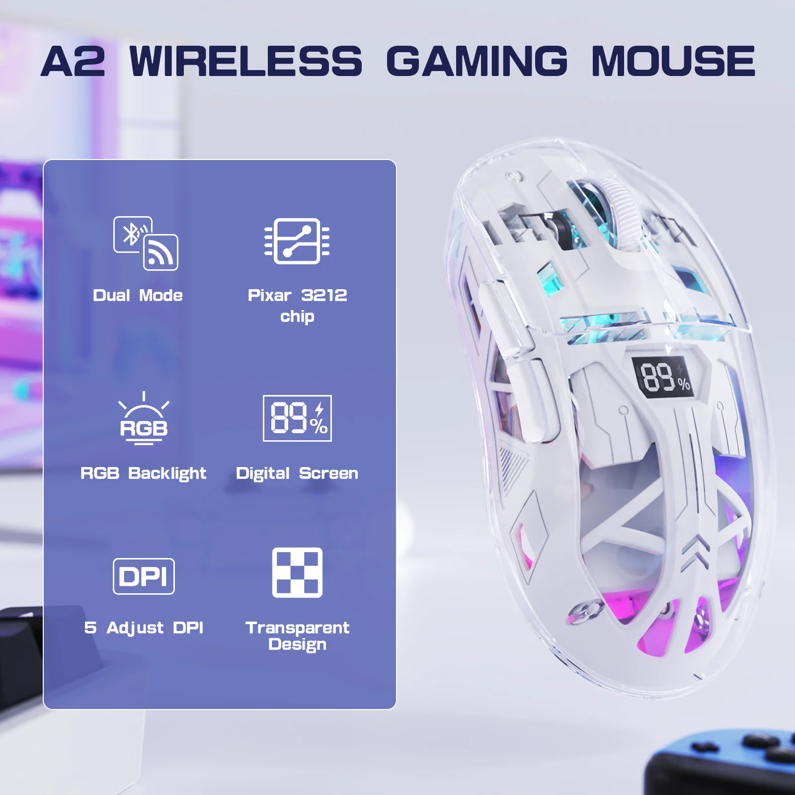 FreeWolf A2 Transparent RGB Wireless Gaming Mouse with Battery Display, 2.4Ghz/Bluetooth, PixArt PAW3212 Sensor