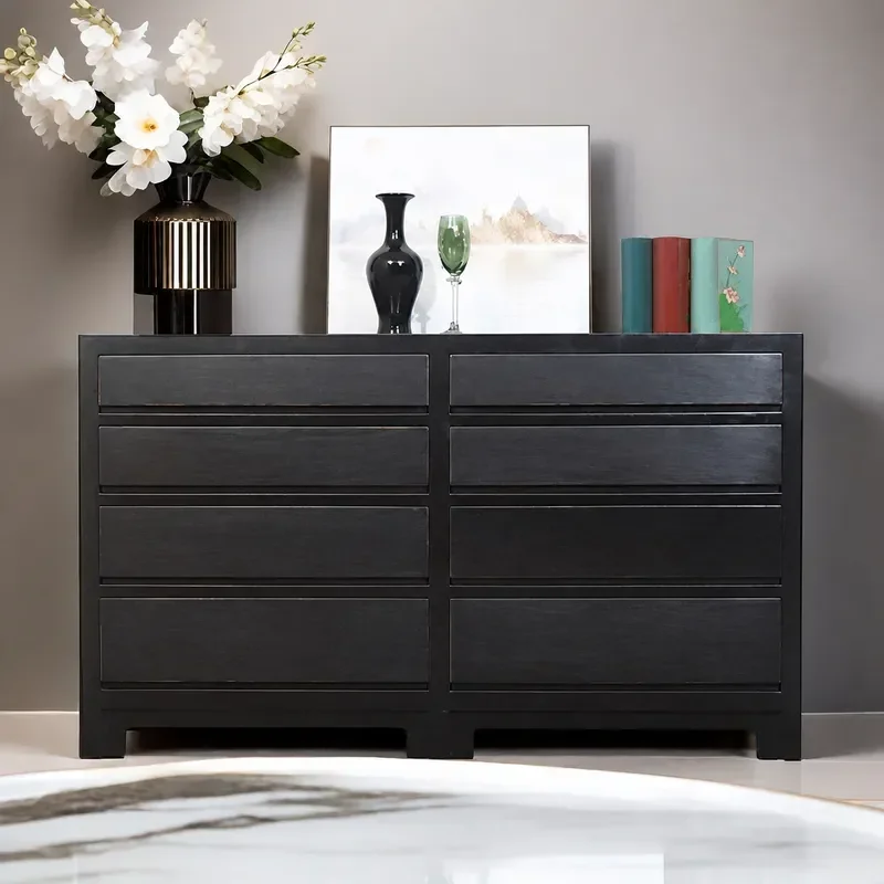 Chinese Style Wabi Sabi Solid Wood Chest Cabinet Living Room Storage Side Cabinet Black Multi Functional Combination Drawer