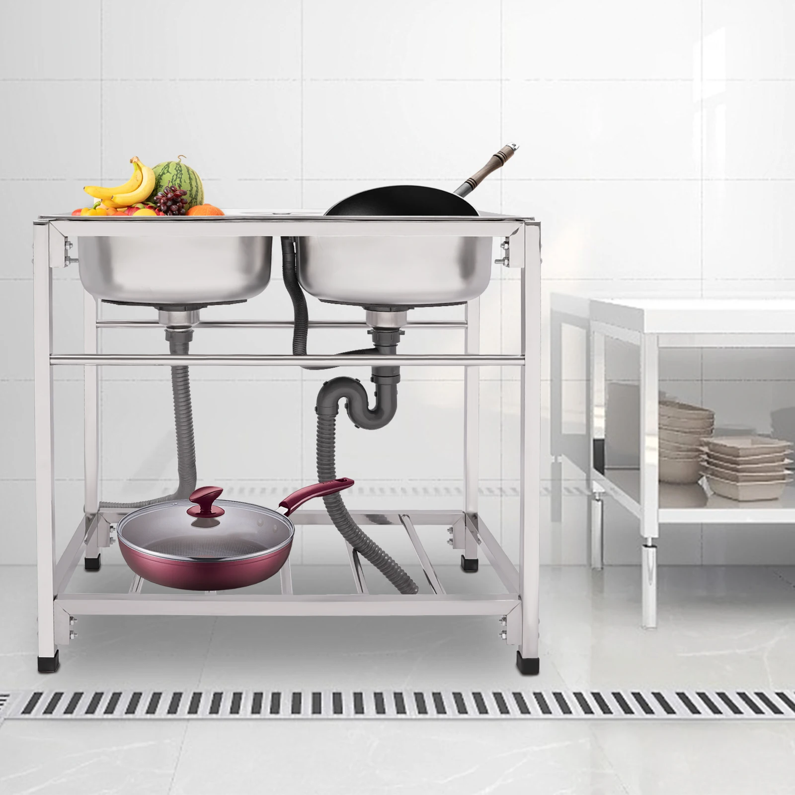 

Commercial Stainless Steel Sink Double Bowl Utility Sink Kitchen Freestanding for Laundry,Garage,Cafe Bar