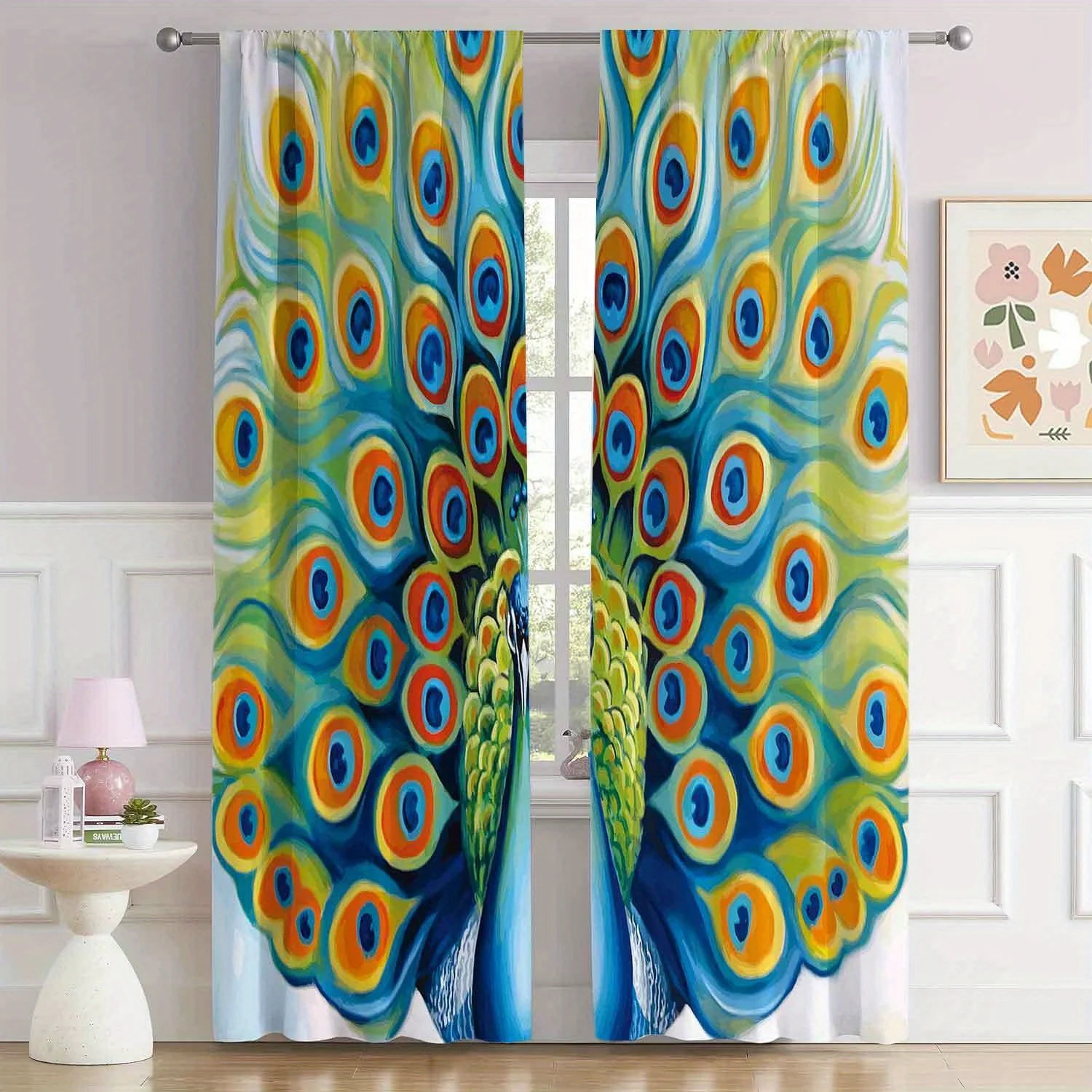 2-Piece Set Peacock Feather Print Curtains Bohemian Style Polyester Drapes For Living Room Bedroom Kitchen Window Blinds Decor