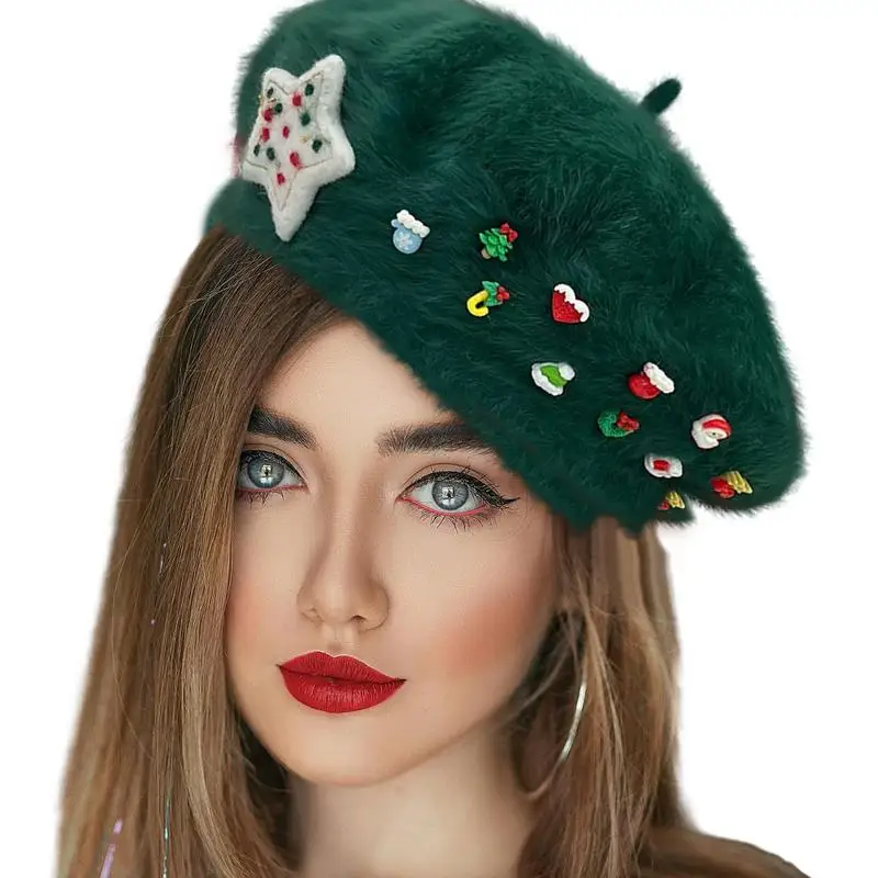 Beret Hats Barrette Hat Christmas Beret Warm Beanie Womens Beret Cute Beret Holiday Hats French Beret Winter Beanie For