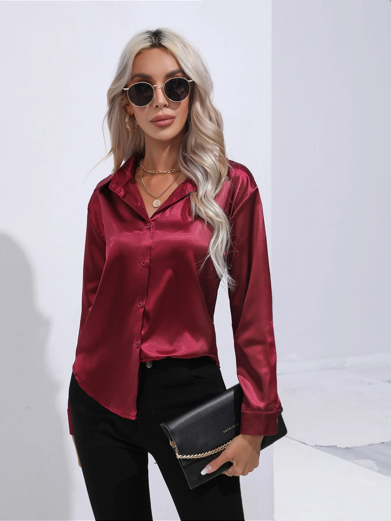 

Women's Satin Imitation Silk Shirt Camisas Mujer Office Lady Lapel Blouse Black Shirt Women Tops Рубашки Женские Blusas Feminino