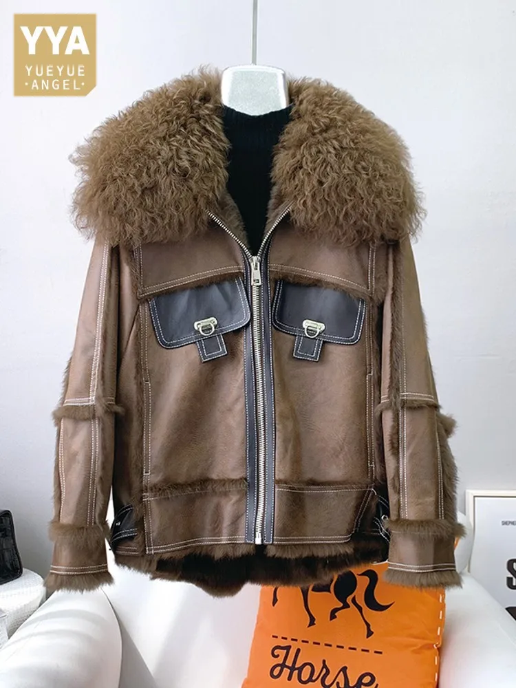 Winter Women Warm Real Rabbit Fur Lining Jacket Moto Biker Suede Leather Overcoat Lamb Fur Collar Loose Fit Thick Shearling Coat