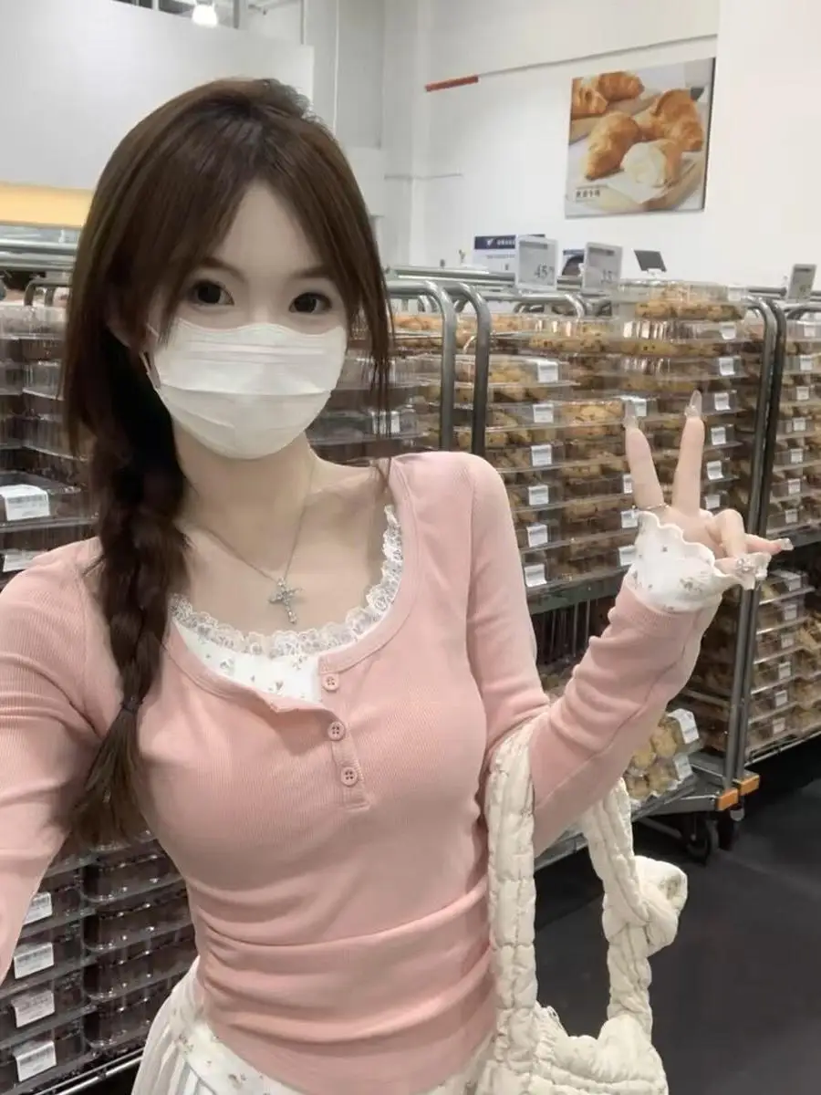 BM Sle Lace Long Sve U-Ne T-Shirt Damen Slim Fit Blumendruck ort Base irt Autumn Faion Sexy Look Gestrickte Poly...