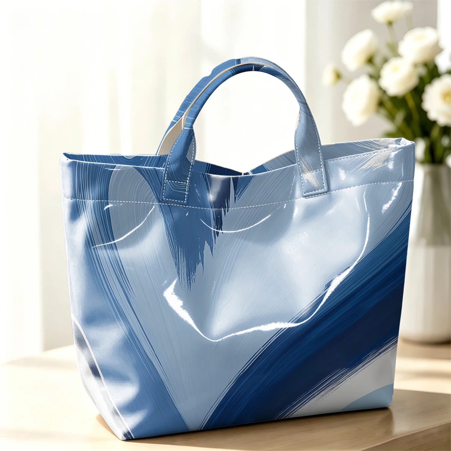 Brush Blue Heart Fashion Large Glossy PVC Tote Bag Hand Washable Waterproof Perfect Travel Commute Cosmetic Storage Shopper