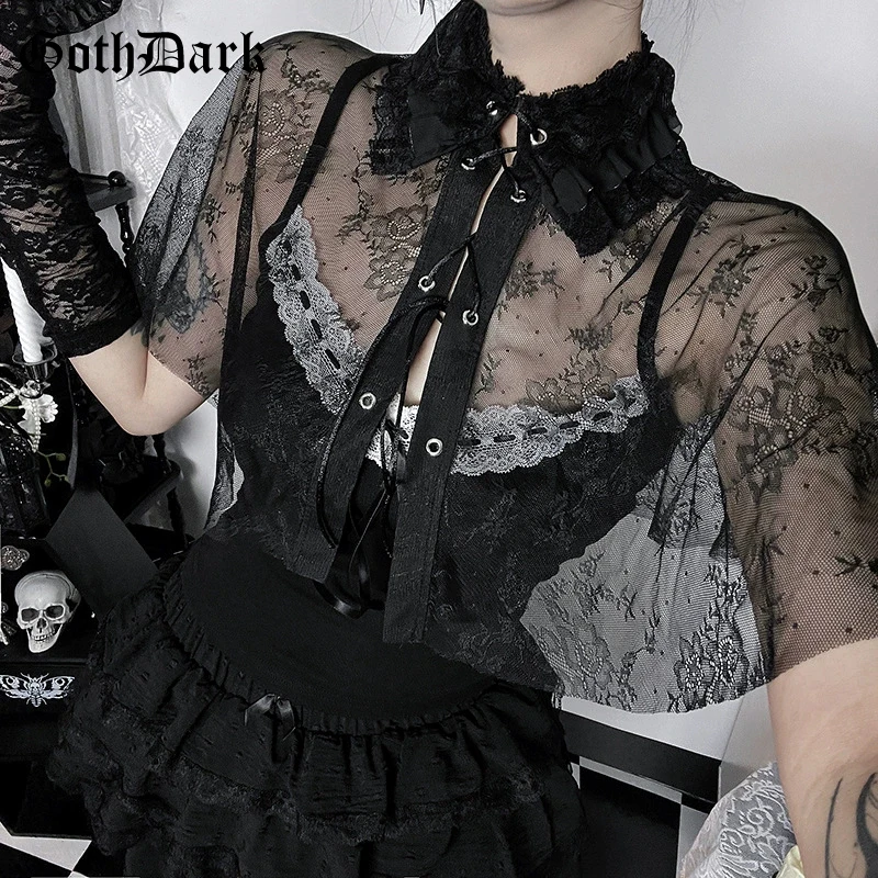 Goth Dark Mall Gothic Women 2 Piece Sets Harajuku Fashion Thin Lace Bandage Cloak Crop Tops with Slim Straps Camis Alt Clothing