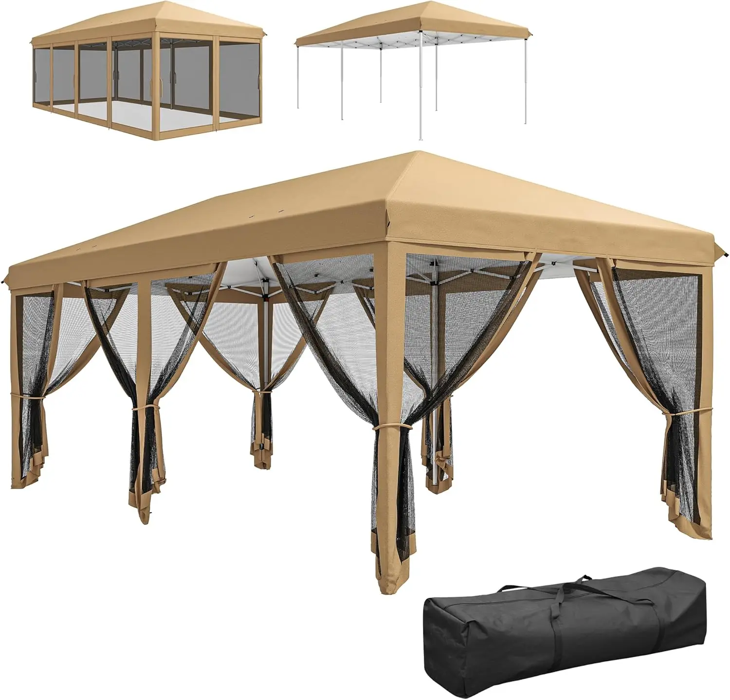 Beige Heavy Duty Pop Up Canopy Tent with Netting for Outdoor Parties, Garden, Patio - Instant Sun Shelter with Carry Bag