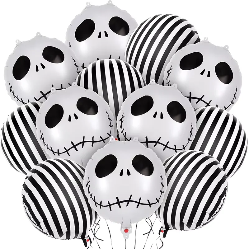 12 pcs 18 inch Halloween Skull Black and White Striped foil Balloons Halloween Dead Ball Party Decoration Balloon Set