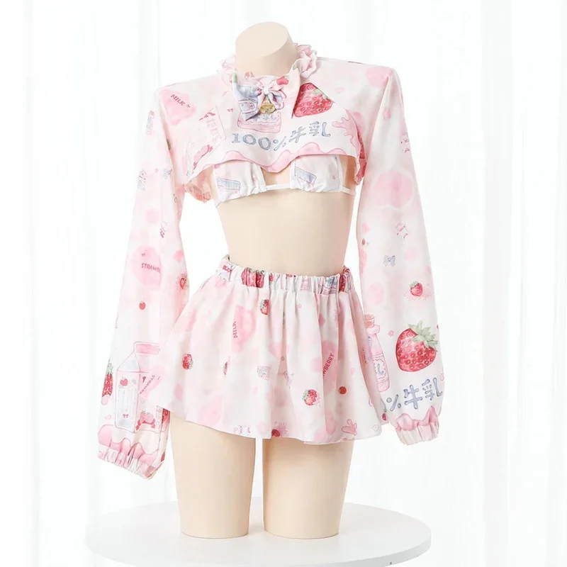 Anime cameriera vestito cosplay uniforme rosa carino Lolita abiti mucca ragazza fragola manica lunga scava fuori crop top minigonna set