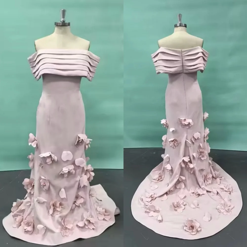 

Customized Jersey Applique Flowers Pleat Off-the-shoulder Bespoke Occasion Party Gown Engagement Elegant Wedding Formal Evening