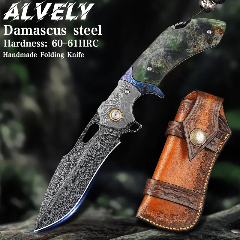 

Damascus Steel Folding Knife, Forged Feather Pattern Blade, Unisex Pocket Knife, Outdoor Camping, Adventure EDC Knife