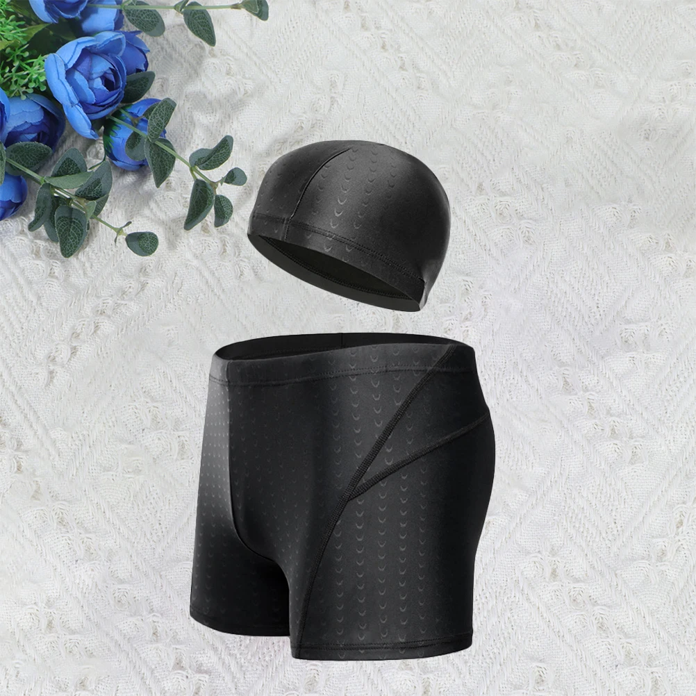 

1 Piece Men Swimwear Set Large Size Black L Premium Nylon Spandex Swimming Trunks and Cap Lightweight Portable Beach Pool