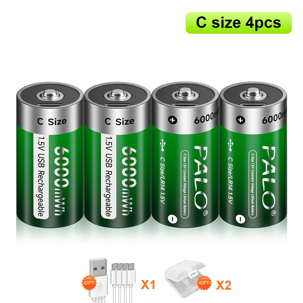 6 Batterie Ricaricabili C USB-C 1,5V 6000mWh Con Cavo Di Ricarica, Ricarica Rapida (≤4 Ore), 1500 Cicli, Bassa Autoscarica, Protezioni Integrate – Ideali Per Torce, Giocattoli E Dispositivi Elettronici