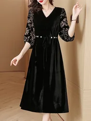 Korean Black Velvet Chic Hook Flower Hollow Luxury Evening Dress for Women 2024 Autumn Winter Long Sleeve Elegant Party Vestidos