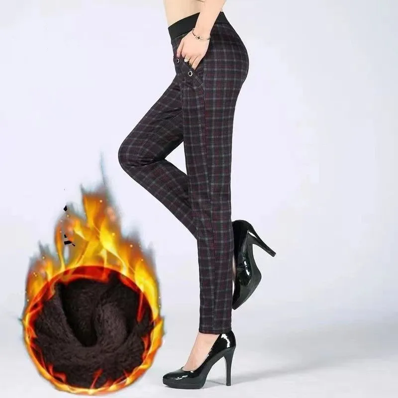 Women\'s Autumn and Winter Fashion Elegant Plaid Stripe Pocket Casual Plush Thickened Elastic High Waist Long Straight Leg Pants