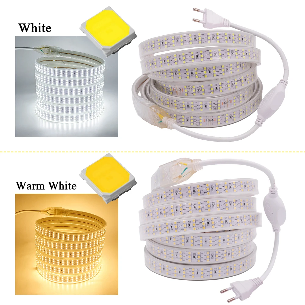 220V 276LEDs/m 2835 LED Strip Light Waterproof Flexible Lamp Super Bright White / Warm Leds Ribbon With Power Rope lights Decor
