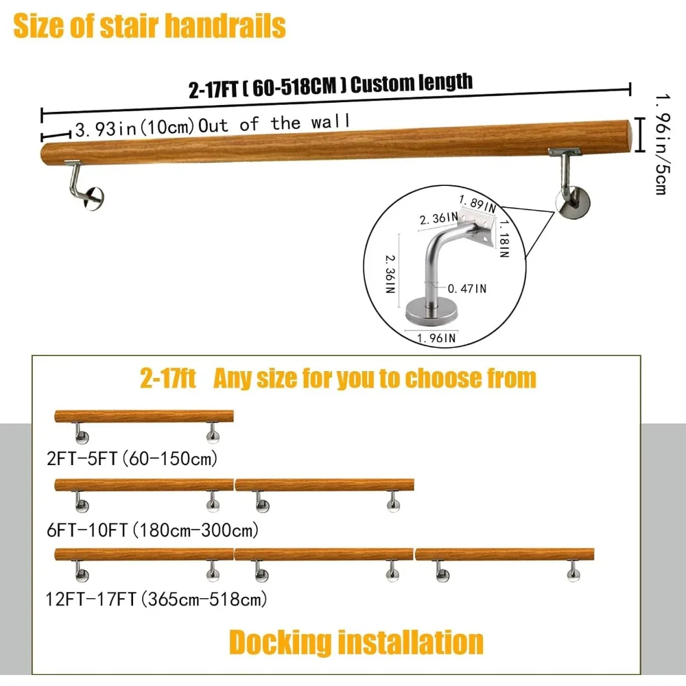 طقم حاجز سلالم داخلي مضاد للانزلاق، درابزين خشبي بطول 5 أقدام مع دعامات معدنية، نظام تركيب كامل على الحائط آمن #2