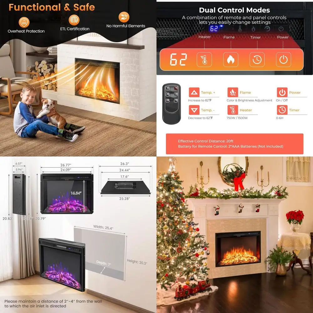 

Настенный электрический камин-вставка 26 дюймов с регулируемым пламенем, яркостью, таймером, пультом ДУ, защитой от перегрева, 750/1500 Вт