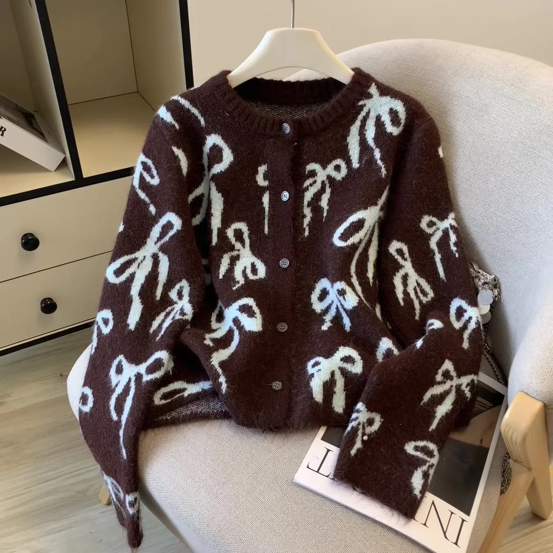 

Women Brown Bow Pattern Cardigan Sweater 90s Vintage 2000s Y2k Jumper Knitwear Long Sleeves O-Neck Cashmere Sweater Autumn 2025