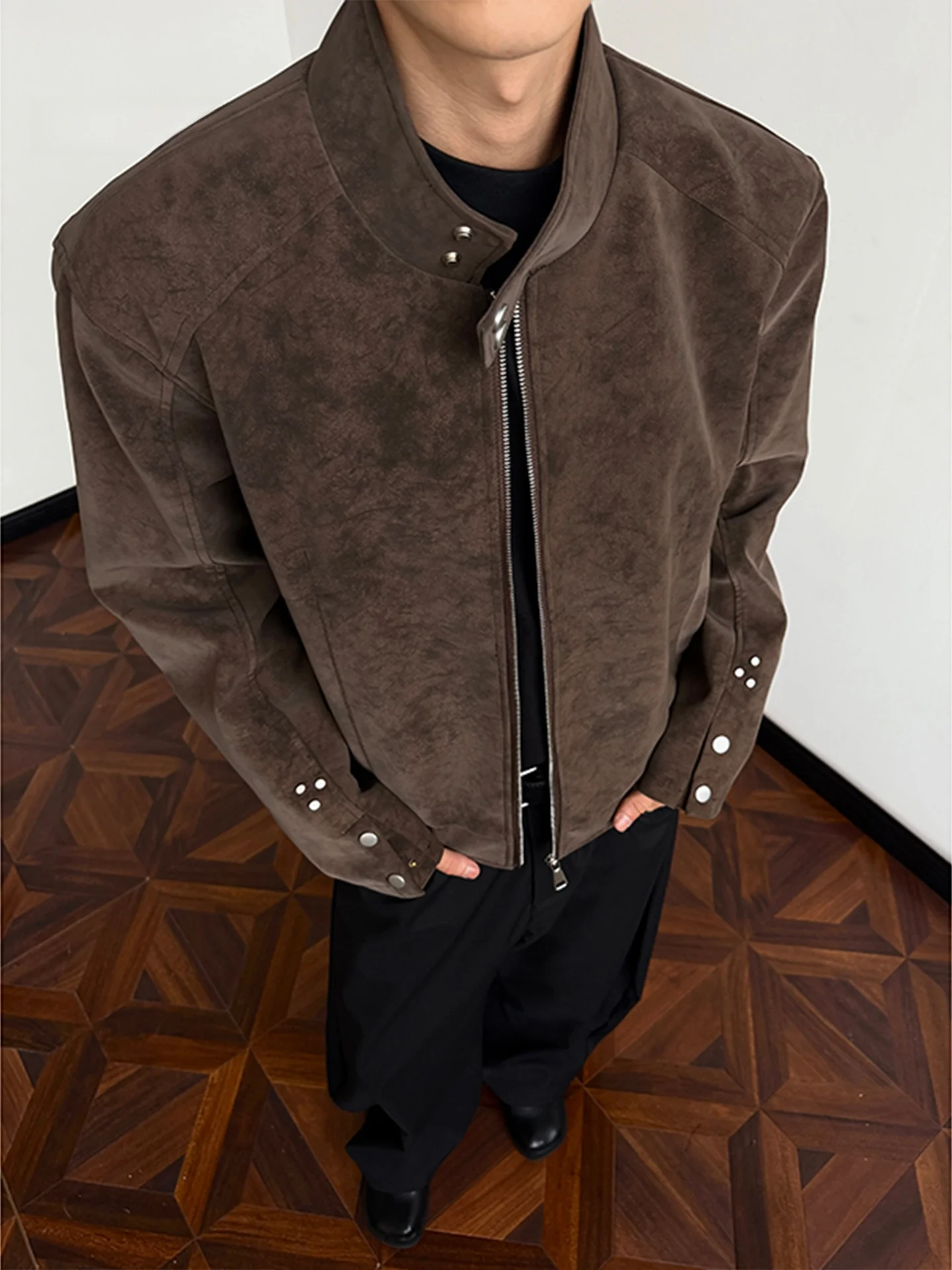 

Retro American Dyed Harington Jaet Men's Autumn CleanFit Cool Motorcycle Leather Jaet Stand Collar Outerwear Zipper PU