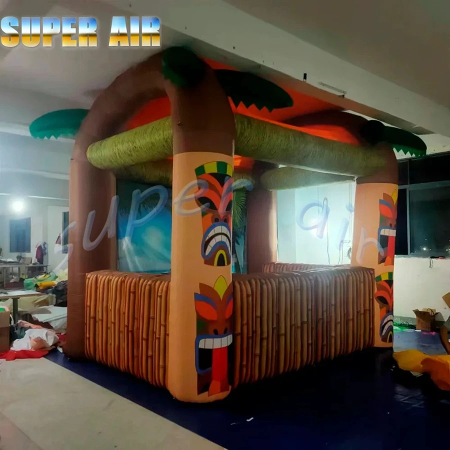 Venta al por mayor de barra tiki inflable al aire libre de 4mLX3.5mH con palmera, barras de servicio de pub para beber portátiles para fiesta en la playa de verano