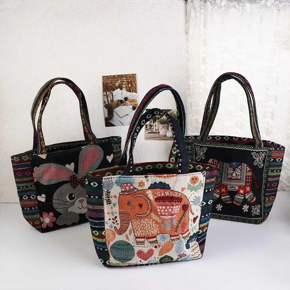 Trendy Embroidery Elephant Ethnic Style Handbag Animal Peacock Canvas Tote Bag Rabbit Canvas Women Shoulder Bags Storage Bag