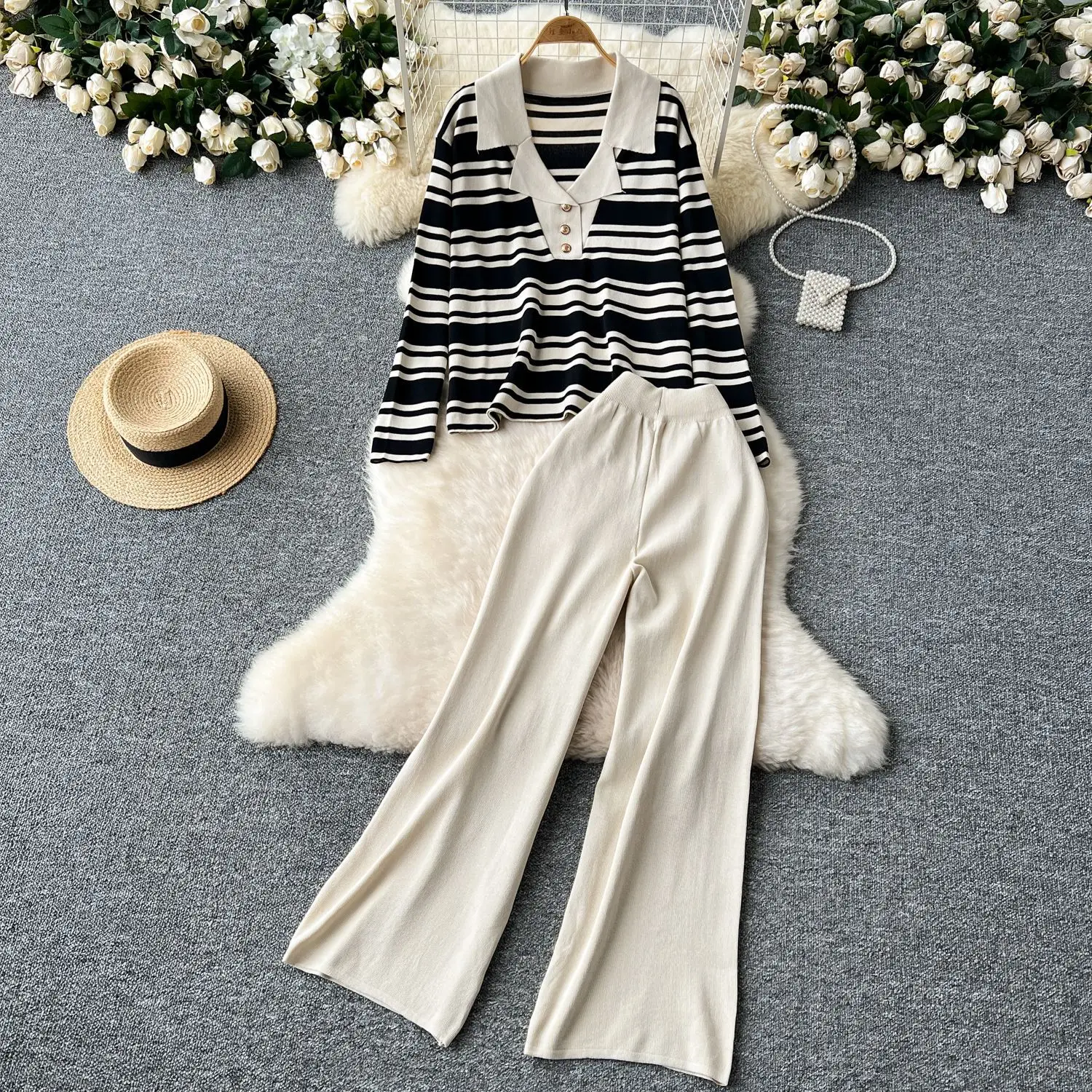 

Pant Set Women Two Piece Sets Turn Down Collar Full Sleeve Tops Wide Leg Long Pants High Waist Y2k Streetwear Elegant Splice