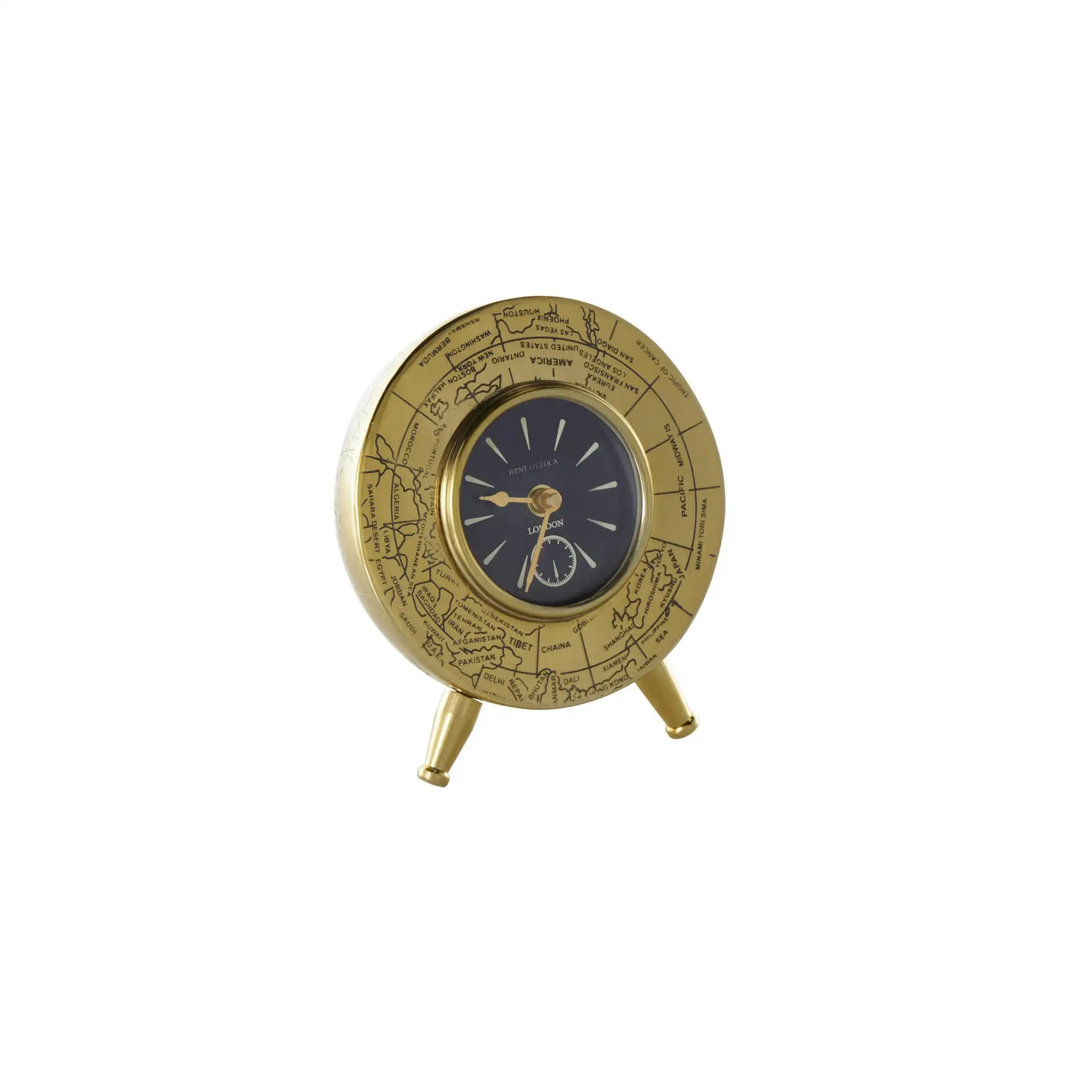 

6 Gold Stainless Steel Metal World Map Small Dome Clock with Black Clockface