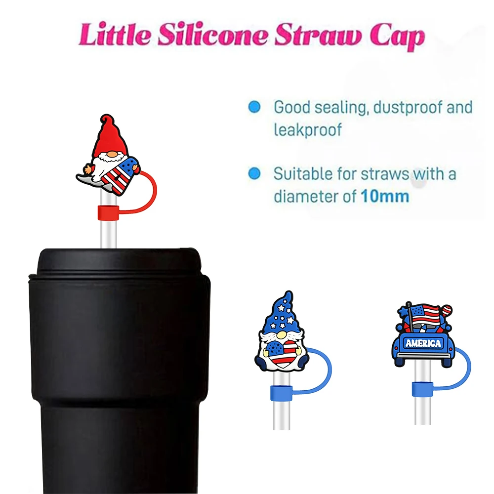 1-12Pcs Cartoon National Flag Dwarf Series Straw Covers For 10mm Dustproof Straw Topper Drinkware Plug Reusable DIY  Party Decor