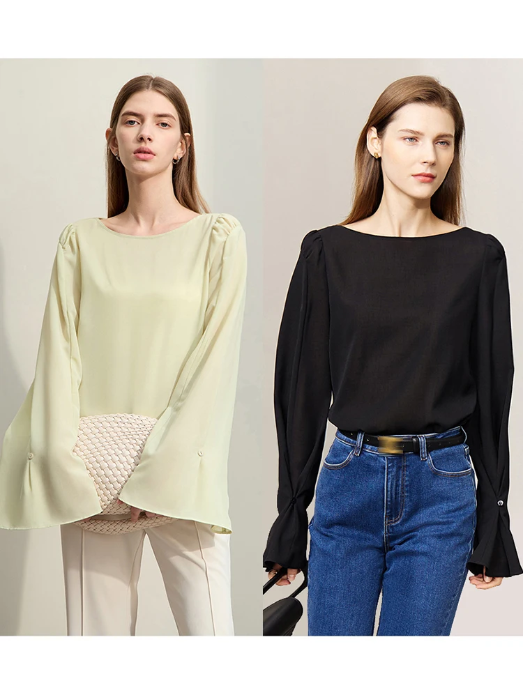 AMII Minimalism Blouse for Women 2023 Spring Fashion Solid Niche Office Lady Shirt Flare Sleeve Blouses Pullover Tops 72341046