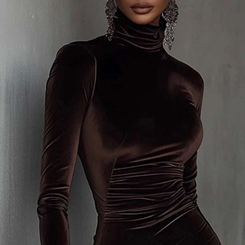 Autumn Turtleneck Patchwork Lace Velvet Dress Woman Casual Solid Slim Bodycon Hips Dress Winter Long Sleeve Irregular Mini Dress