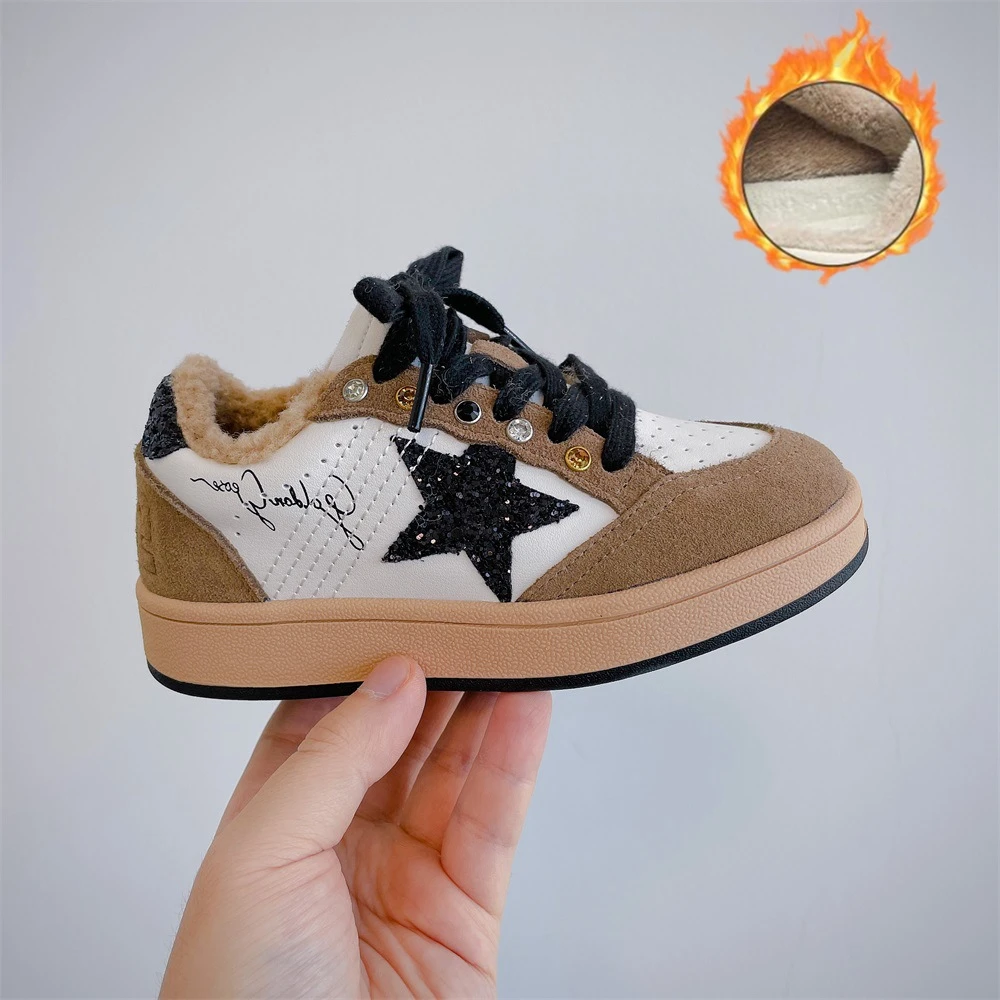 New winter children\'s shoes boys retro star sneakers Korean style thick warm girls fashion casual shoes