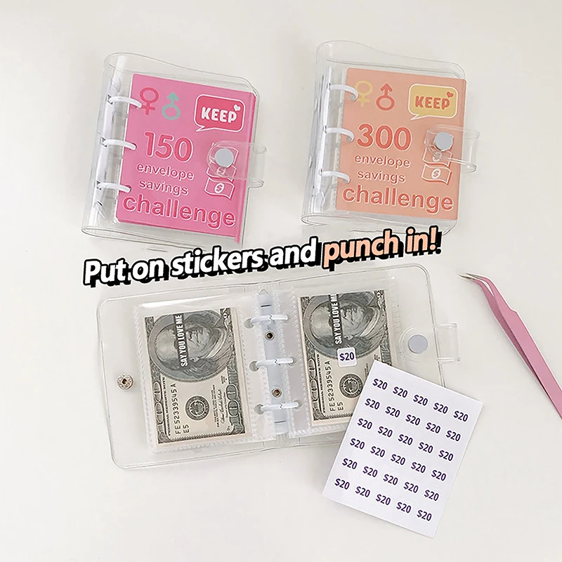 PVC $1000 Money Savings Challenge Binder Button Closure Mini Budget Binder Envelope Savings Challenges Book Durable Portable