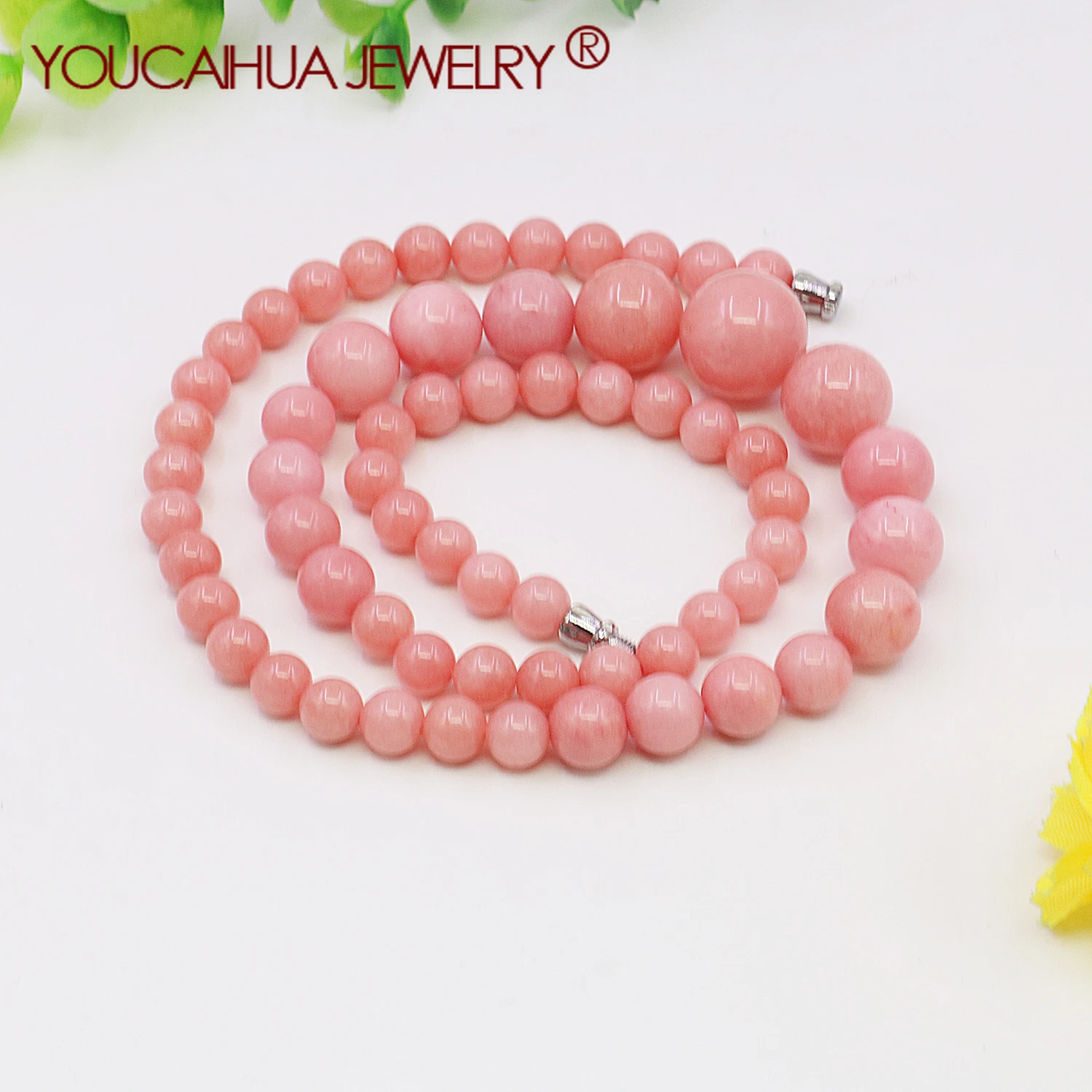 6-14mm Natural Pink Chalcedony Tower Round Bead Necklace/Earring Sets,Gemstone Jewelry Necklace,Rotating Buckle,Combination Gift