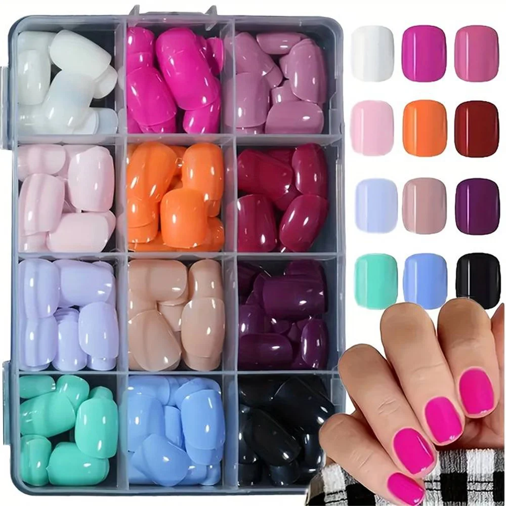 12grids Short Round Square Solid Color Gel Fake Nails Mint Green/Pink Full Cover Summer Fake Nails Macaron Colors Press On Nails