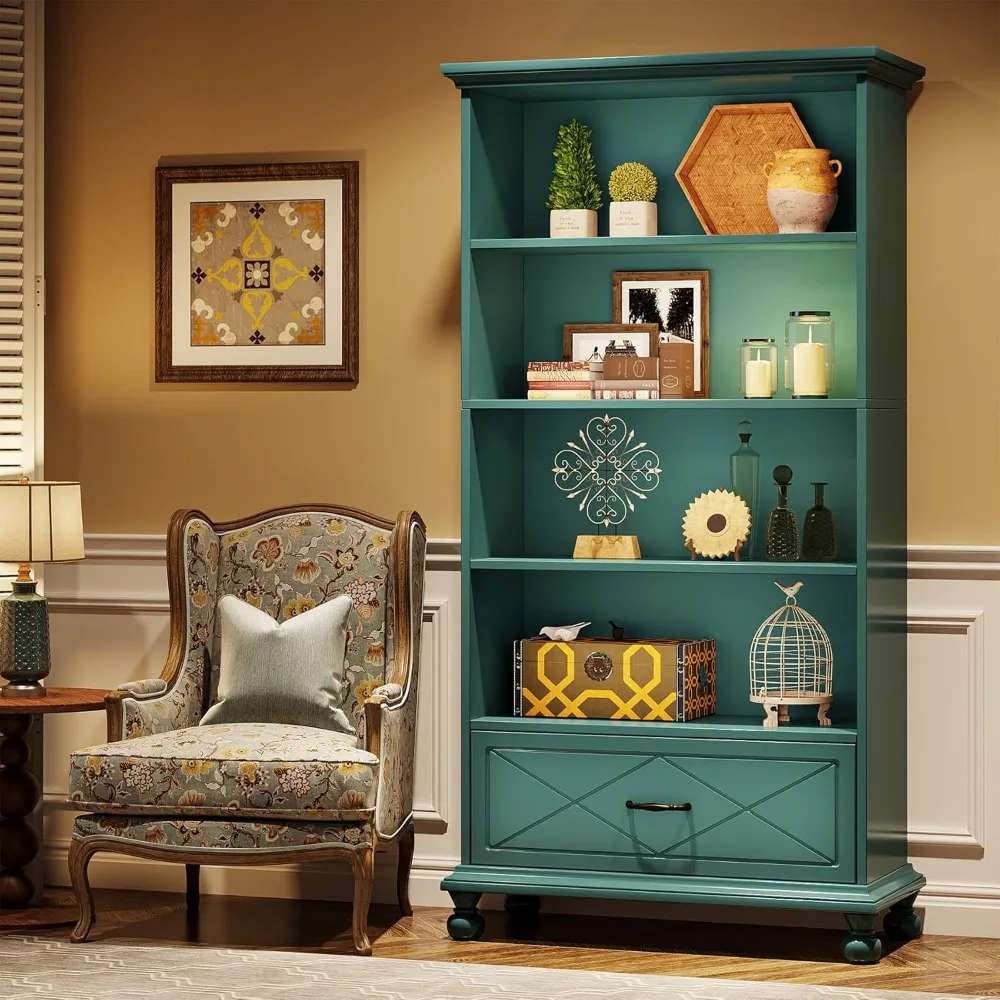 خزانة كتب على الأرض بطول 71 بوصة مكونة من 6 أرفف مع درج وأرجل من الخشب الصلب لعرض تخزين مفتوح كبير #3