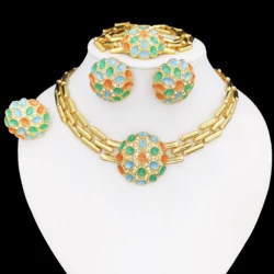 Women Jewelry Set Colorful Classic Design 18K Gold Plated Necklace Earrings Bracelet Ring 4PCS Set Jewelry Wedding Party Gift