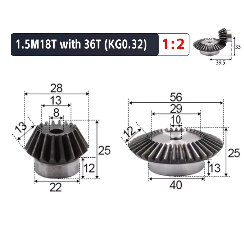 1Set 1:2 Bevel Gear 1.5 Modulus 18 Teeth+36Teeth Process Hole 90 Degree Drive Commutation Steel Gears Steel Gears Screw M5