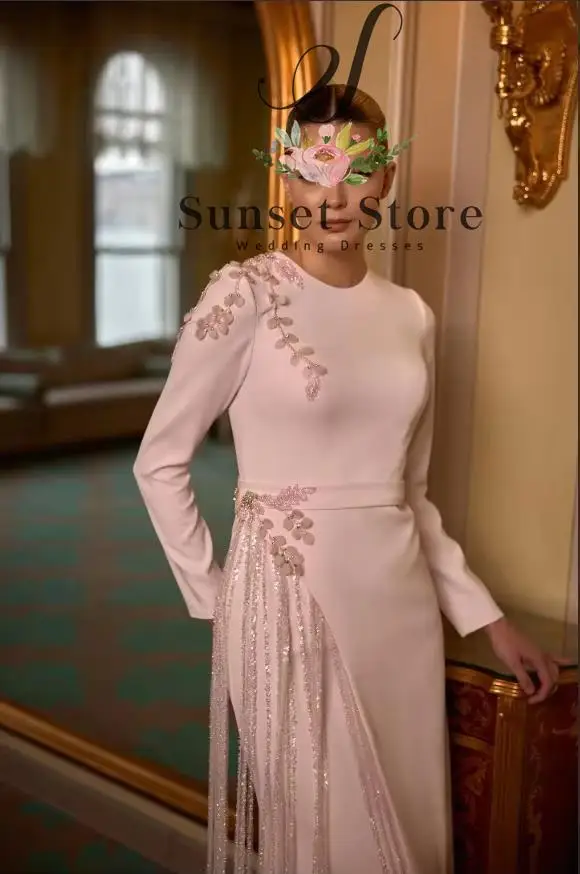 Customized  Pink Tassel Evening Dress O Neck Long Sleeve Arabic Dubai Wedding Party Gown Beaded Detail Prom Dresses