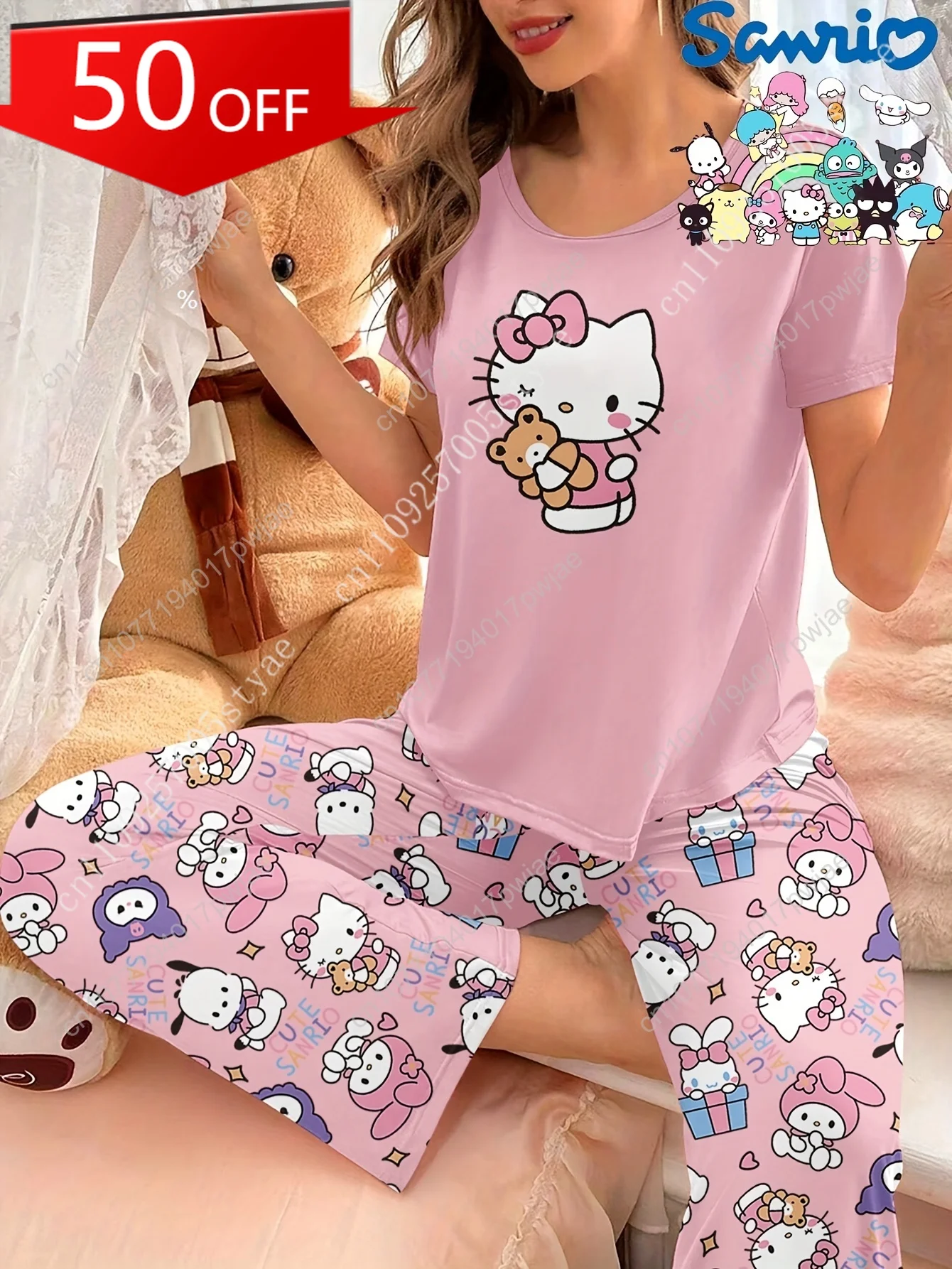 

Sanrio Hello Kitty pink printed pajama set, short-sleeved crew neck top and trousers with elastic belt, Women's casual home wear