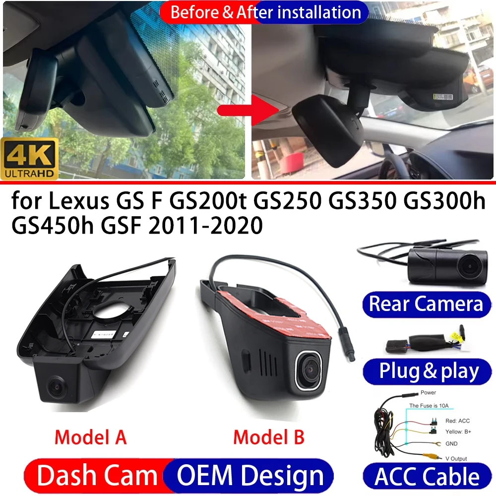 Dash Cam for Lexus GS F GS200t GS250 GS350 GS300h GS450h GSF 2011-2020 Front＆Rear 4K UHD DVR Dashboard Camera Video Recorder