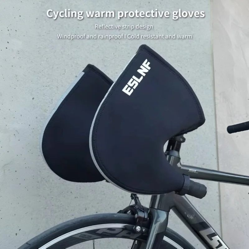 ESLNF Winter Cycling Bar Mittens Windproof Waterproof SBR Fleece Lined Handlebar Cover with Reflective Strips for MTB Road Bike