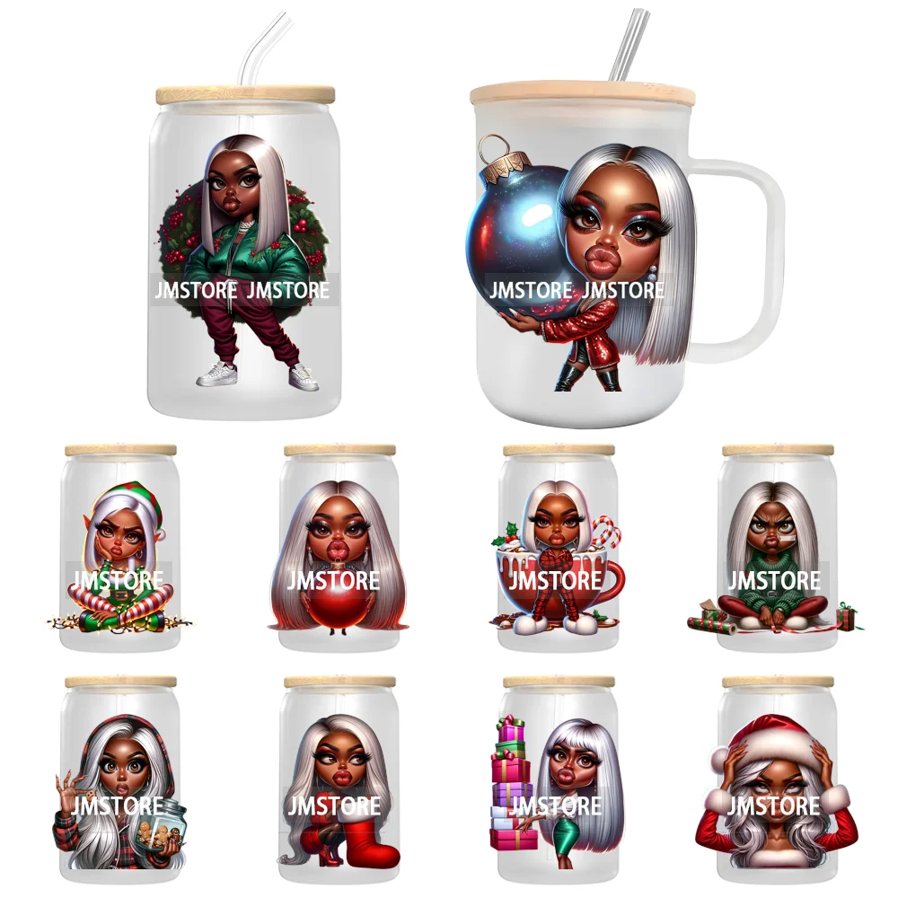 Afro Black Woman Merry Christmas UV DTF Decals Ready To Apply Transfer Stickers Durable For 16OZ Libbey Cold Cups Mugs Tumbler