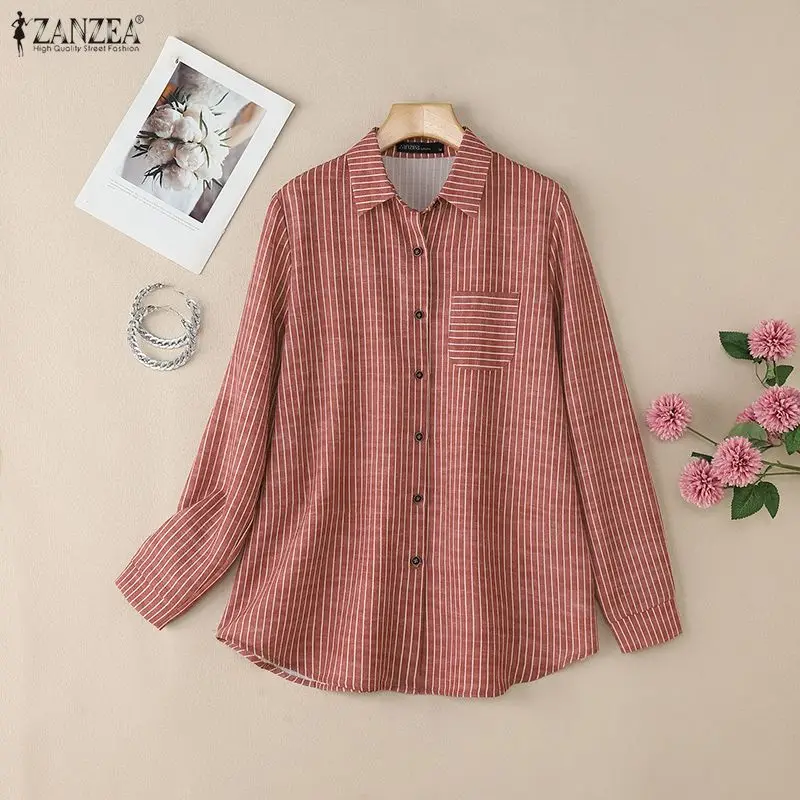 

ZANZEA Autumn Stripe Shirts Office Women Blouse Lapel Neck Long Sleeve Buttons Tops Casual Loose Shirt Female Chemise Oversize