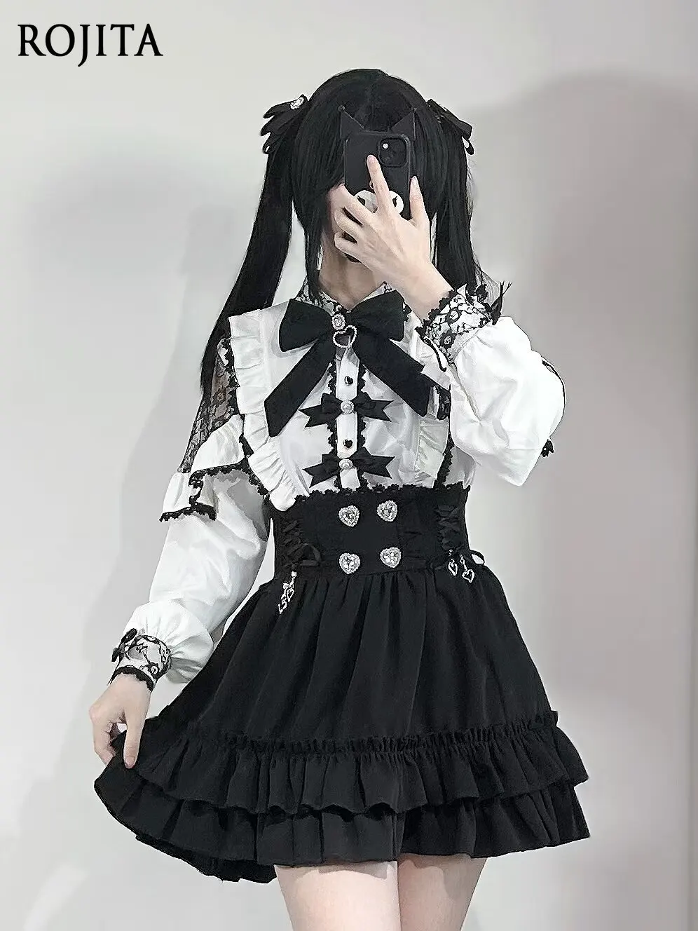 Jirai Kei High Waist Tiered Ruffle Cake Skirt Women Rhinestone Heart Button Gothic Lolita Short Skirt with Side Lace Up