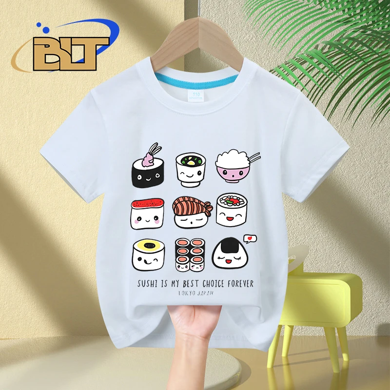 Camiseta con estampado de Sushi para niños, Tops de manga corta de algodón para niños y niñas, regalo de verano, la mejor opción