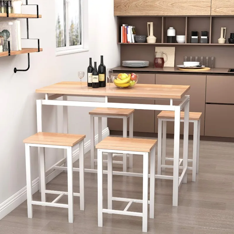 5 PCS Dining Table Set, Modern Kitchen Table and Chairs for 4, Wood Pub Bar Table Set Perfect for Breakfast